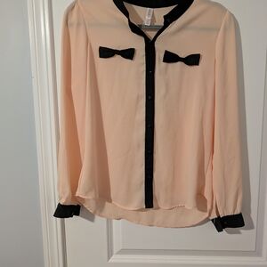 Xhilaration Peach and Black Blouse with Bow Accents